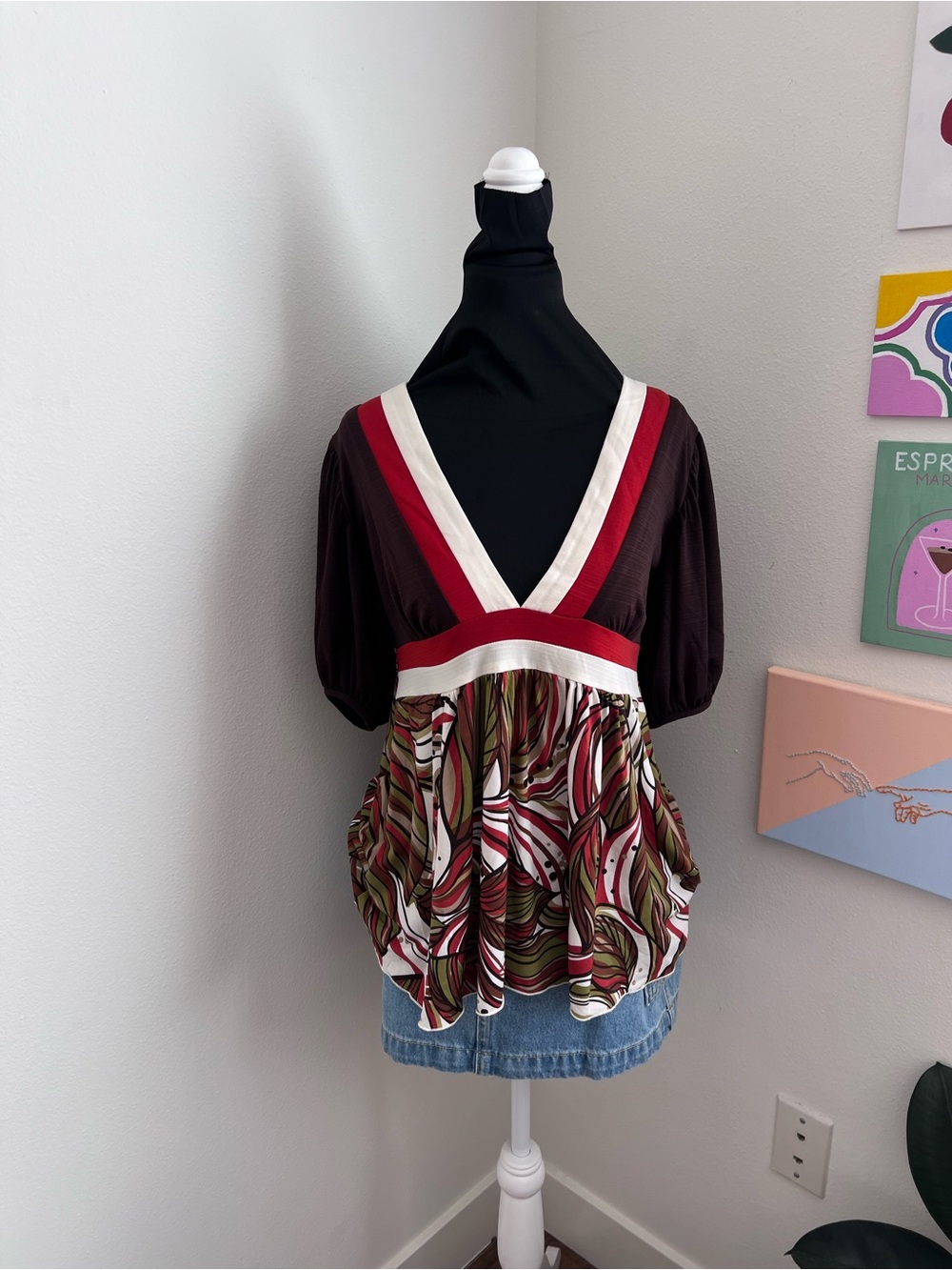 Y2K XOXO Brown Abstract Empire Waist Babydoll Top